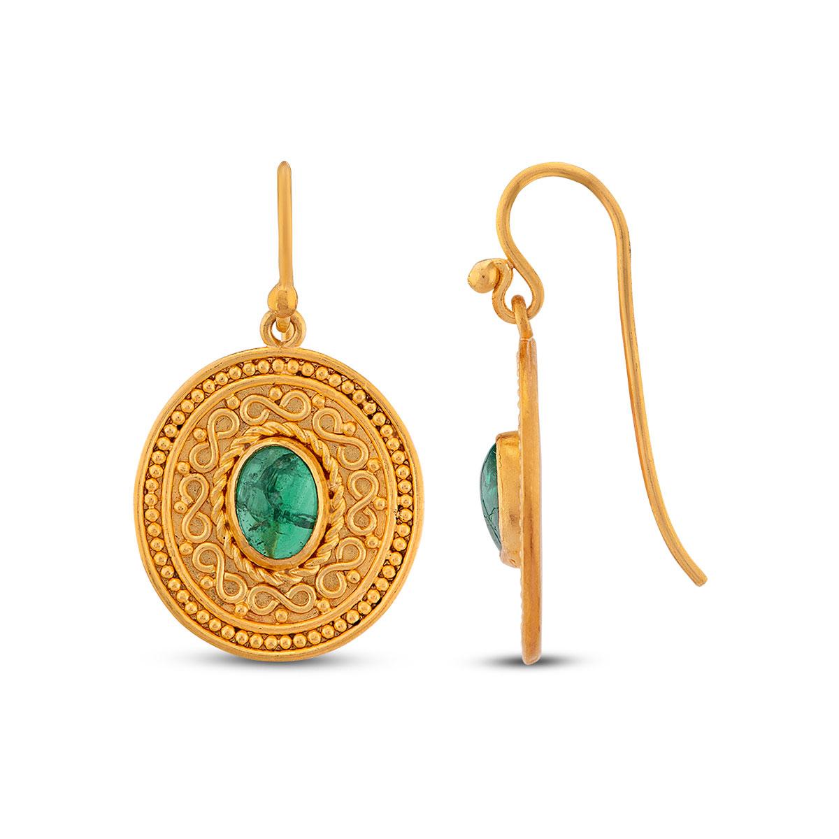Wire and Granulation Earrings with Cabochon Emerald