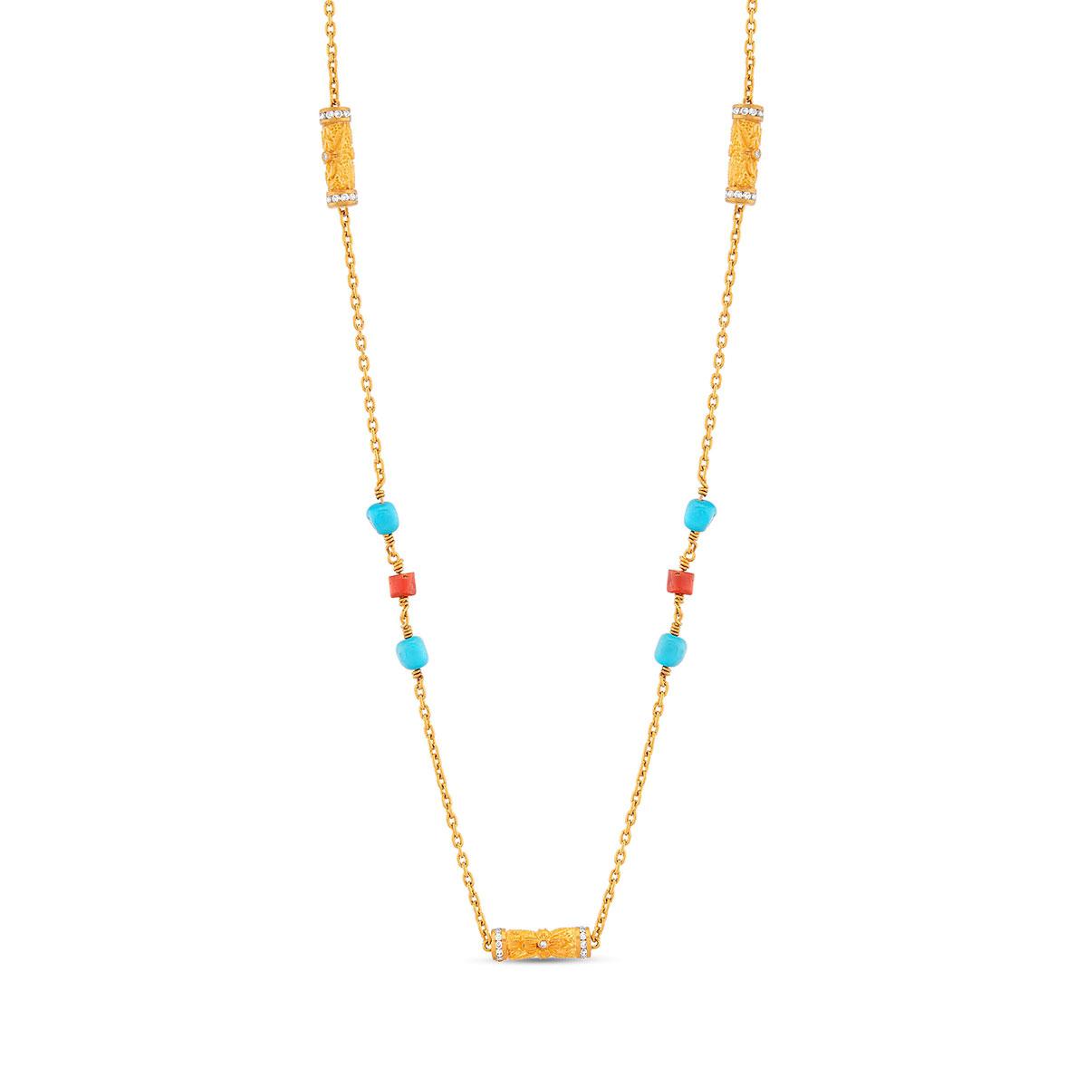 Cylinder Necklace with Diamond, Coral and Turquoise
