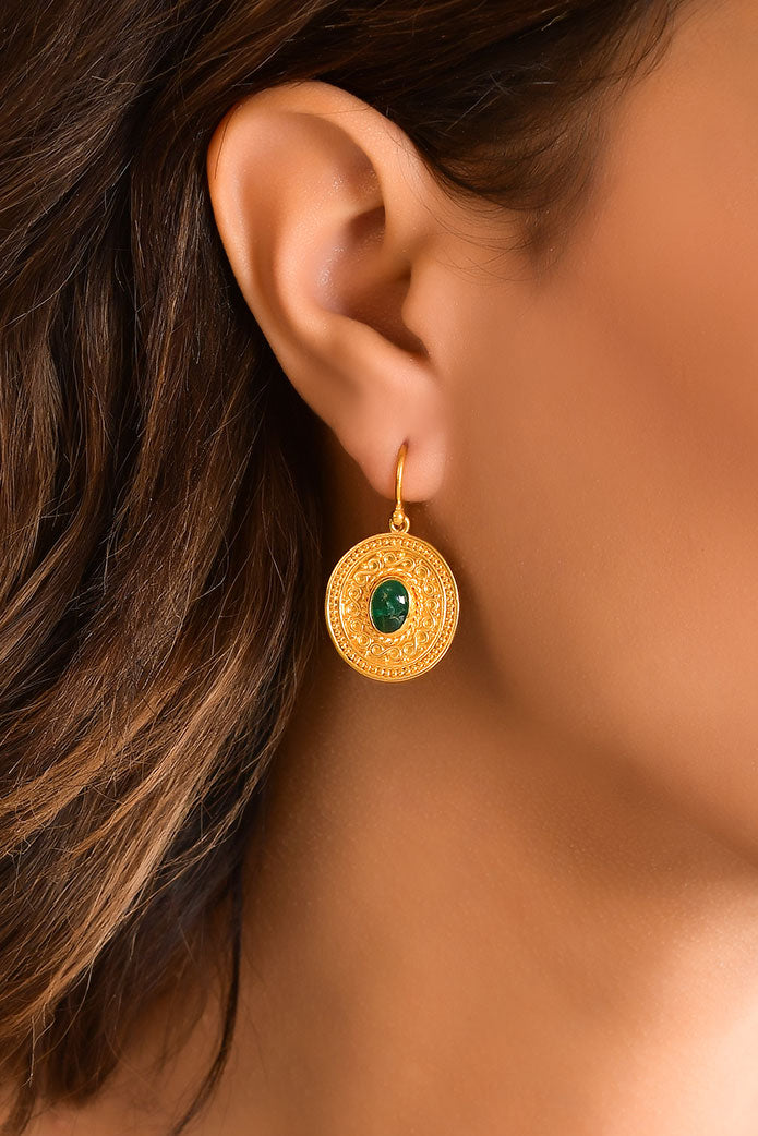 Wire and Granulation Earrings with Cabochon Emerald