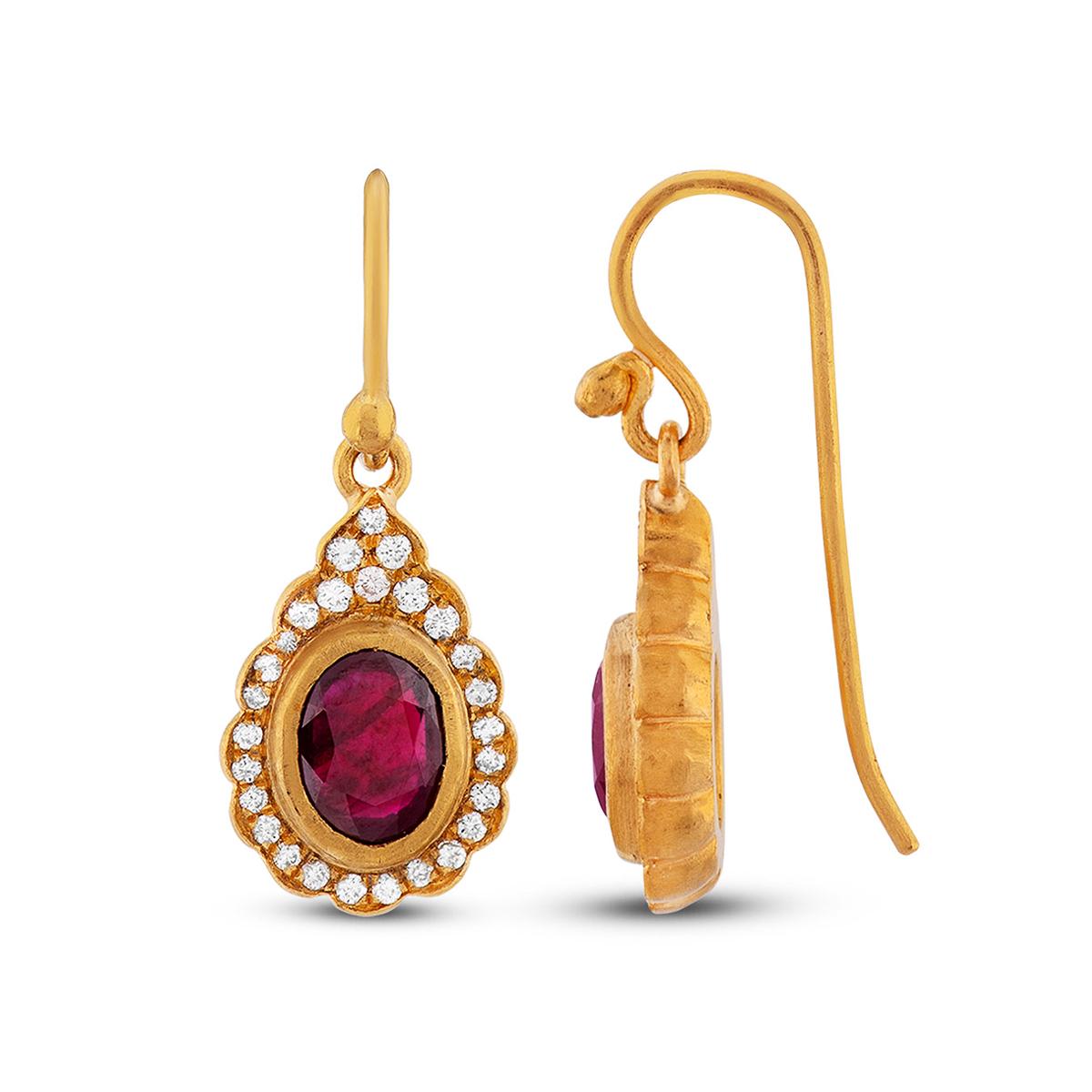 Diamond Pave Lotus Bud with Ruby Earrings