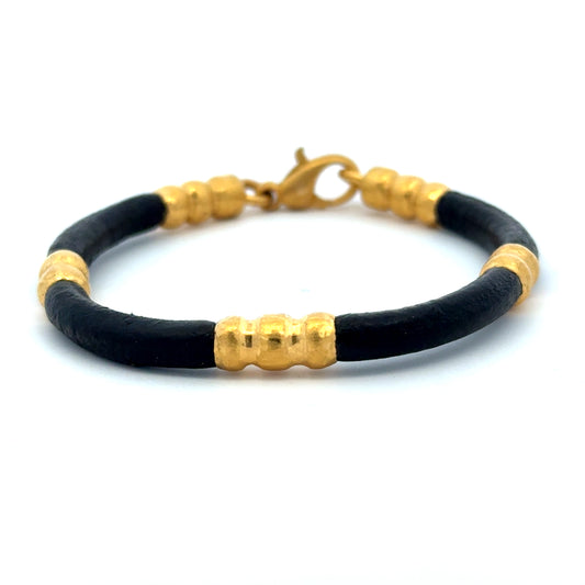 Chunky Brown Leather and 24k Gold Banded Bracelet