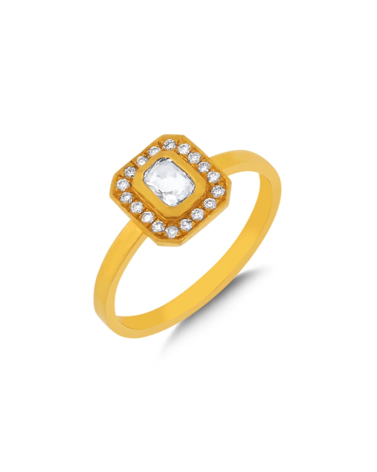 Gold ring with a central clear gemstone and smaller diamonds on a white background