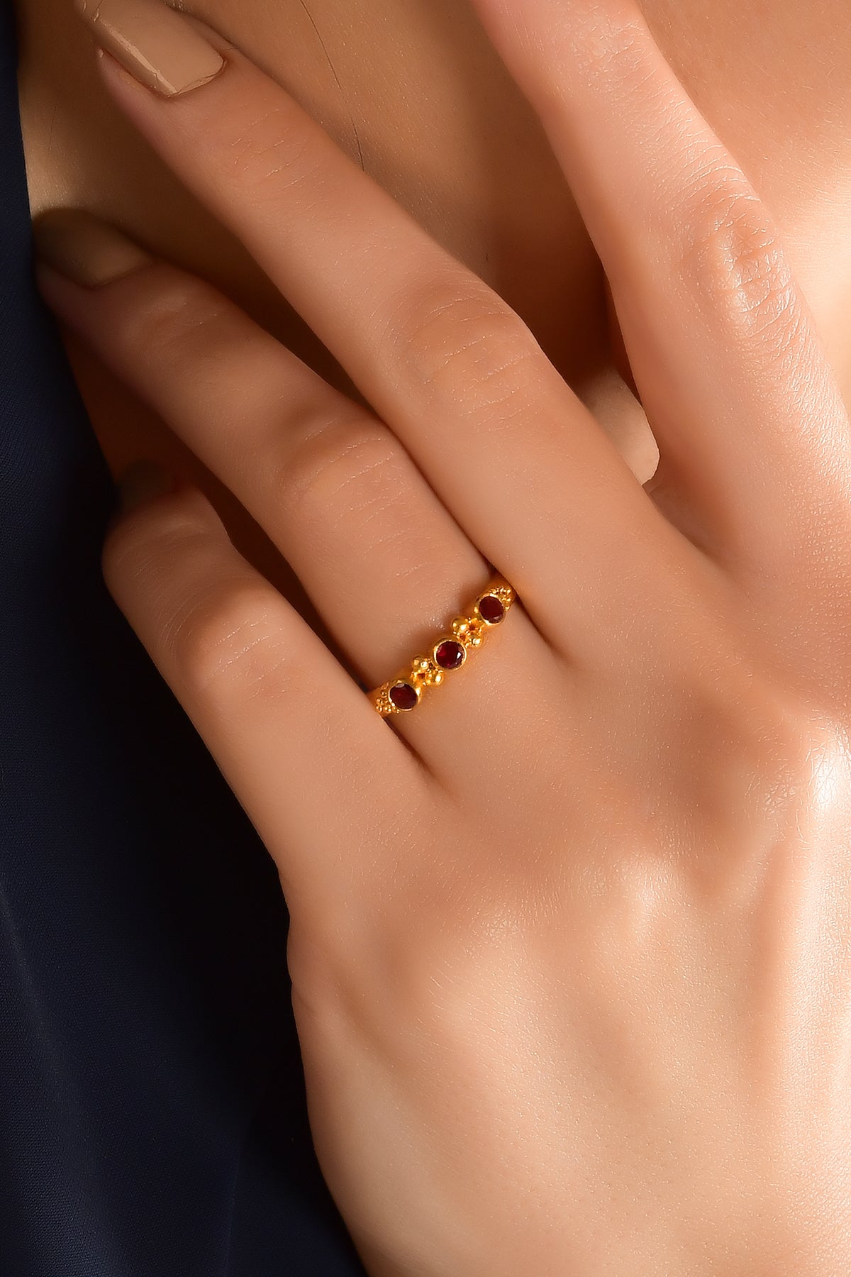 Triple Stone Beaded Ring with Ruby