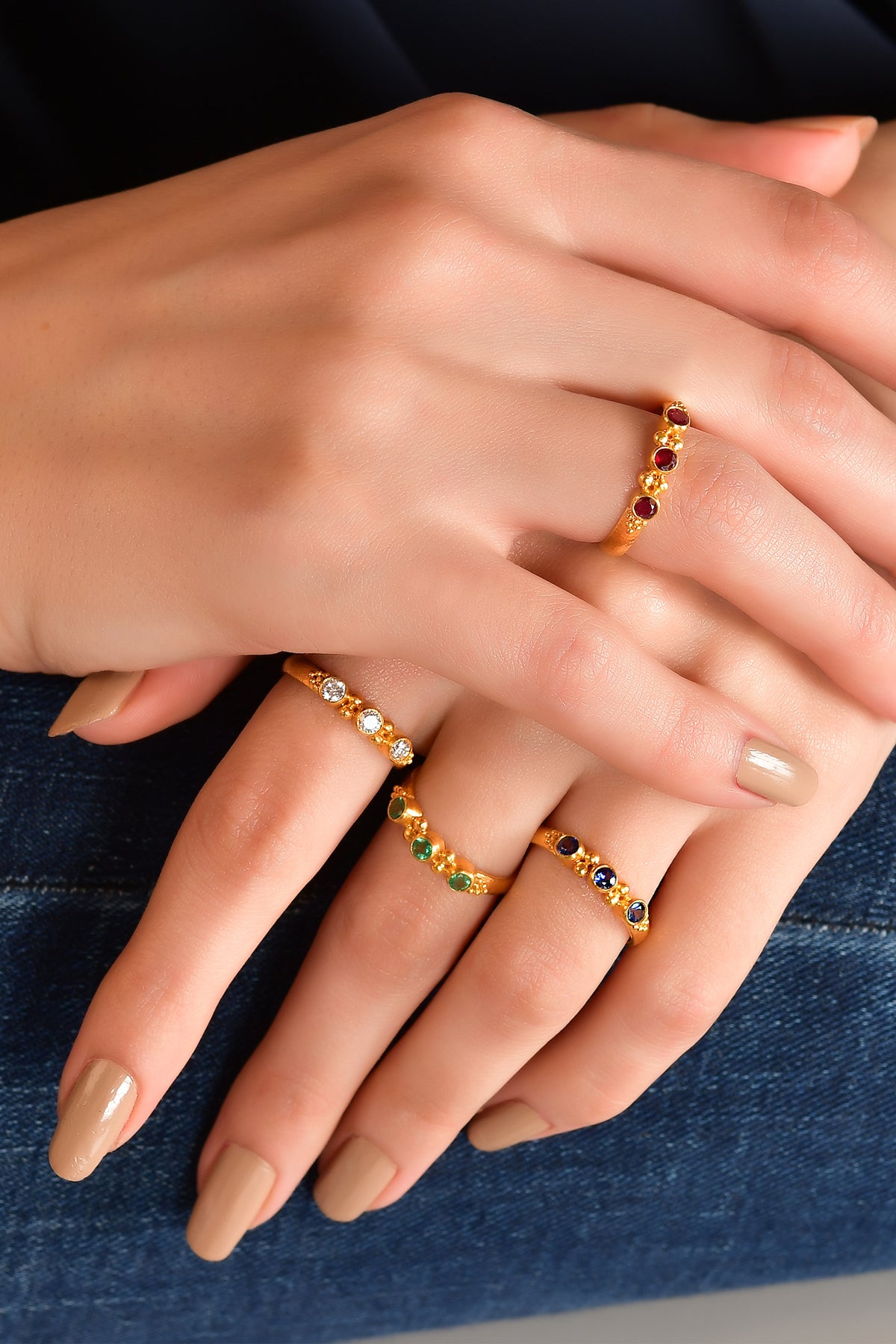 Triple Stone Beaded Ring with Ruby