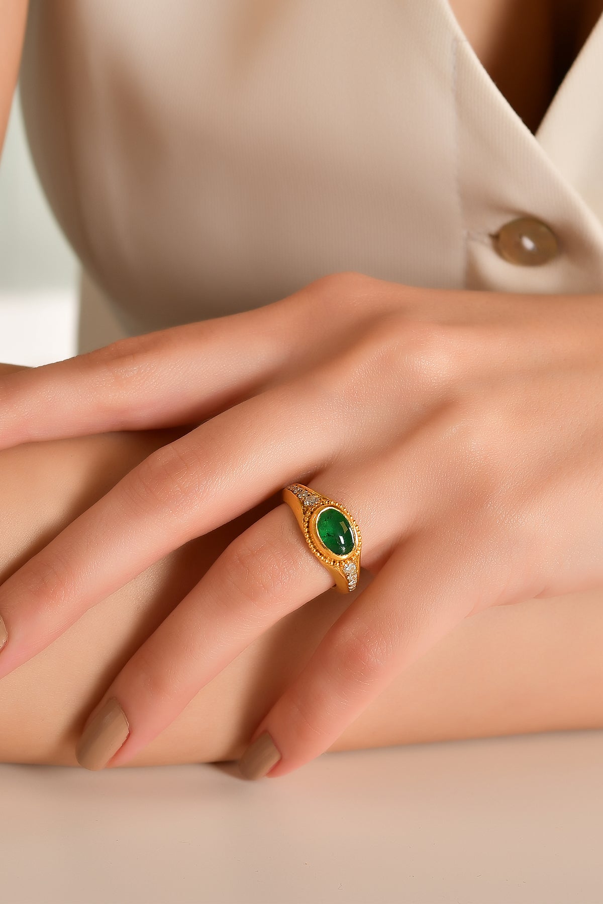 Emerald Cabochon Ring with Tapered Diamonds