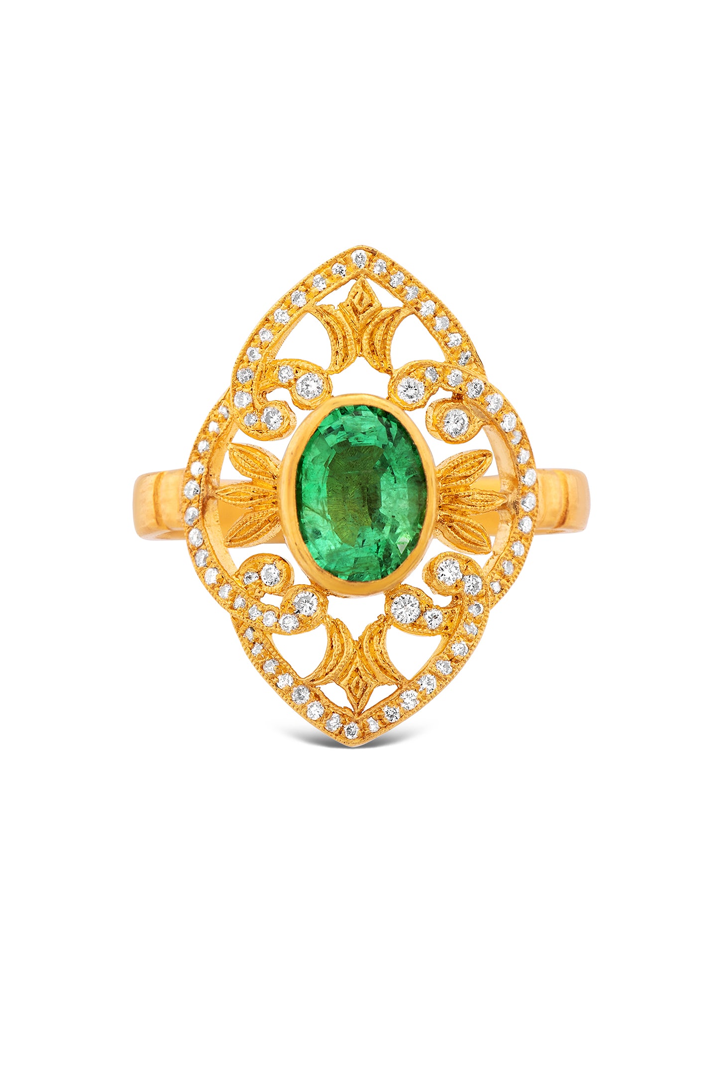 Filigree Garden Ring with Emerald and Diamonds