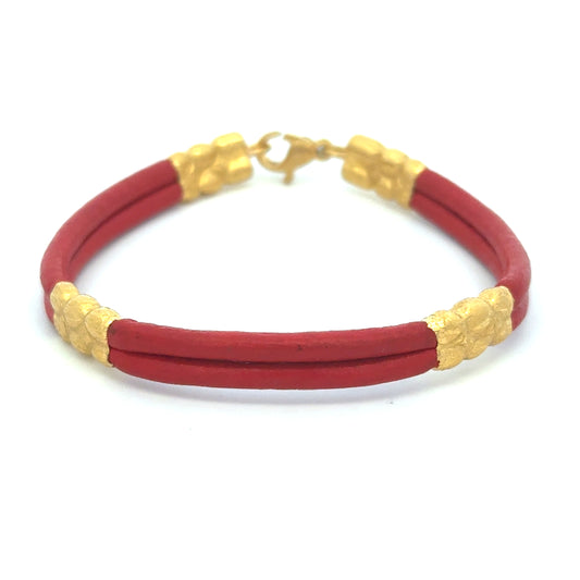 Lucky Red Double Leather and 24k Gold Bracelet