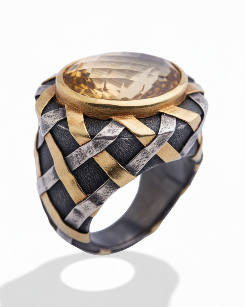 Two-Tone Woven Strips Citrine Ring