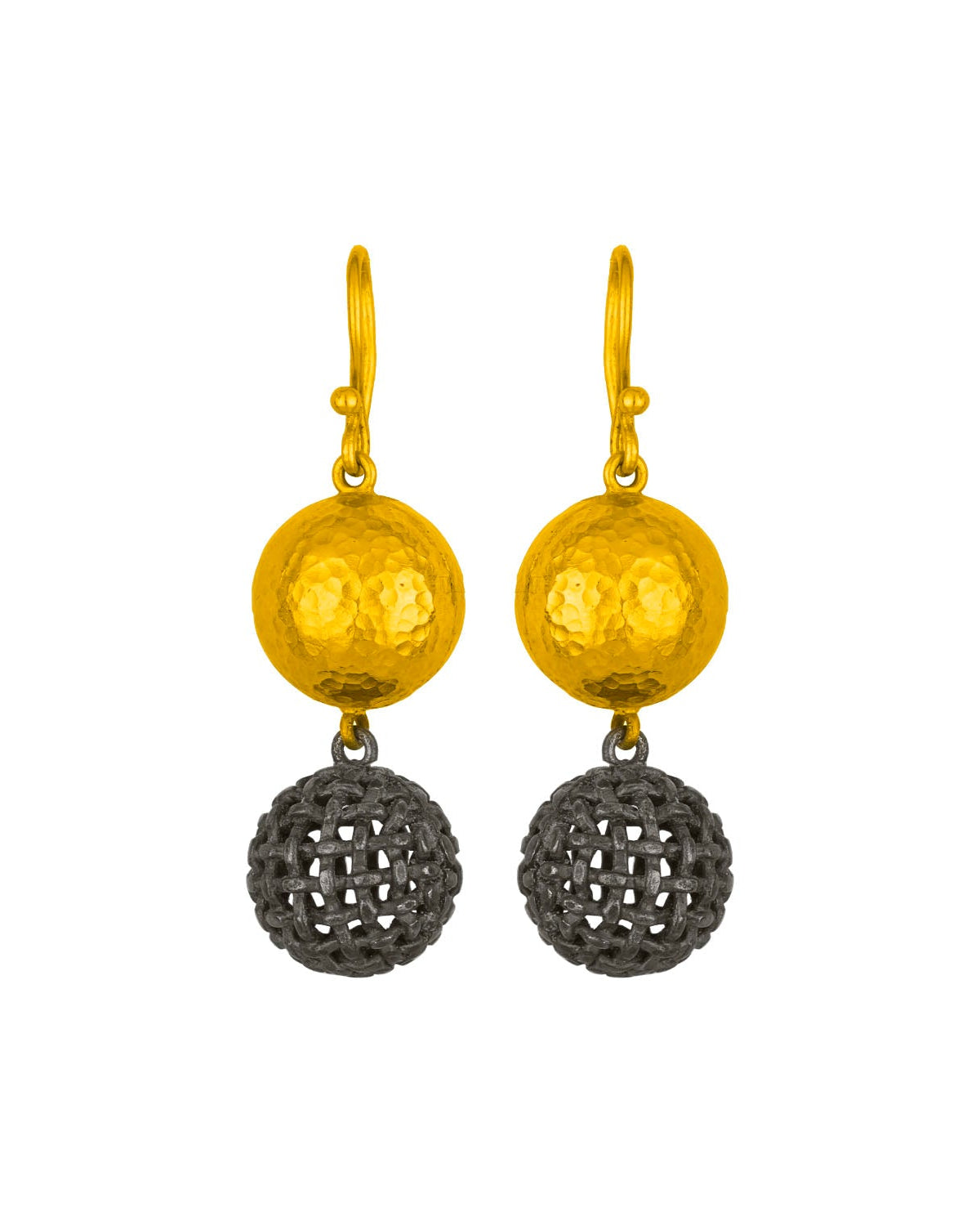 Pair of gold and silver earrings on a white background