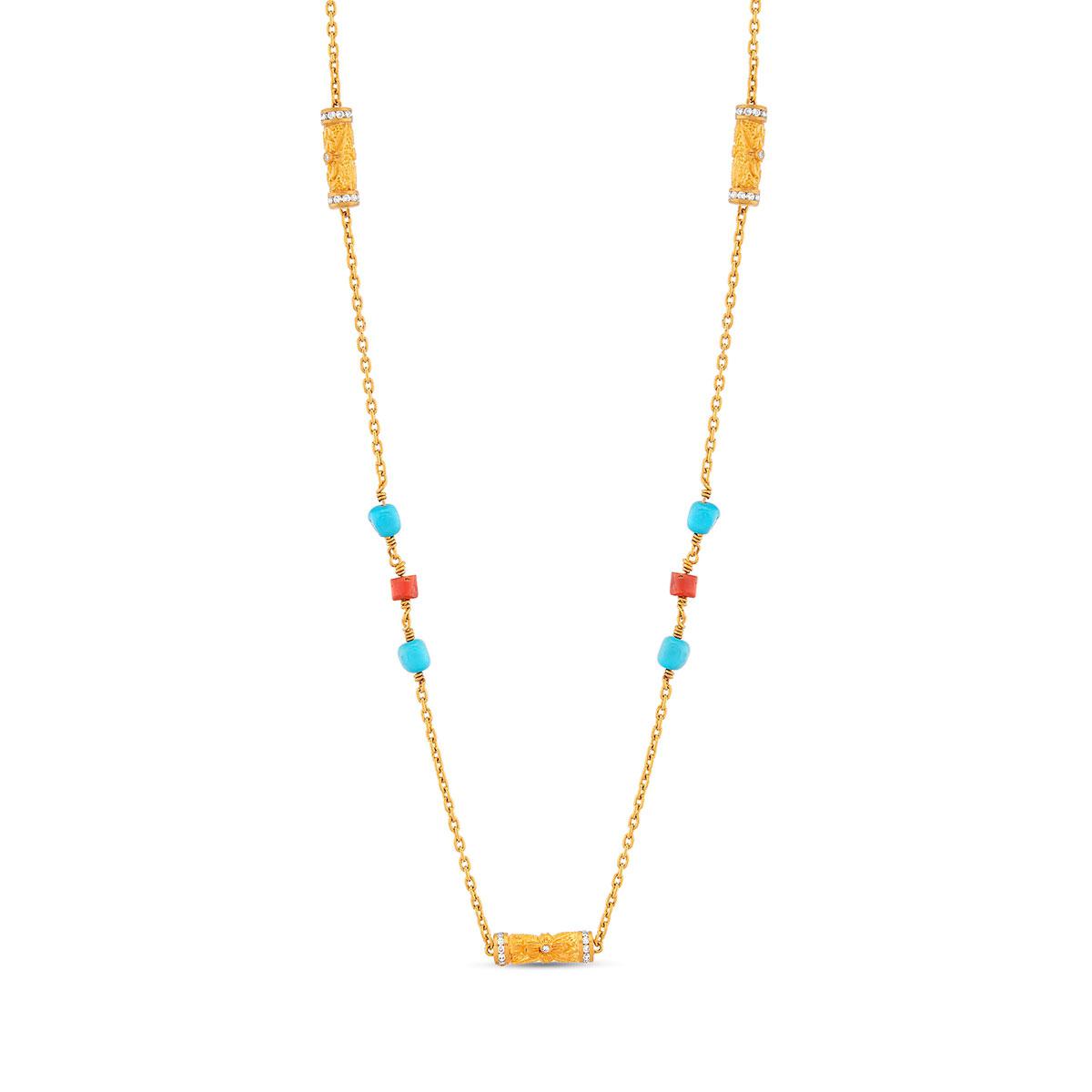 Cylinder Necklace with Diamond, Coral and Turquoise