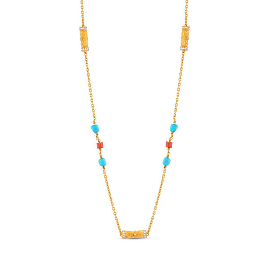 Cylinder Necklace with Diamond, Coral and Turquoise