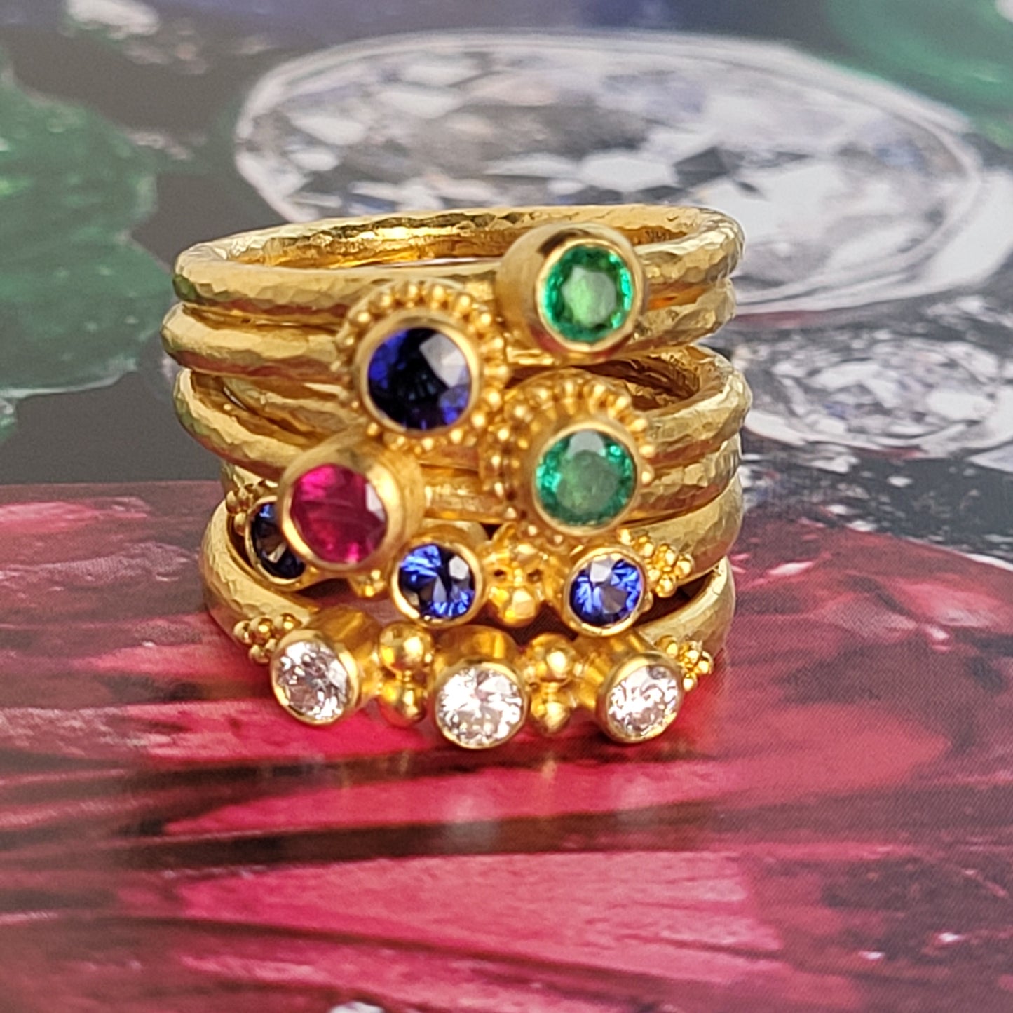 Triple Stone Beaded Ring with Ruby