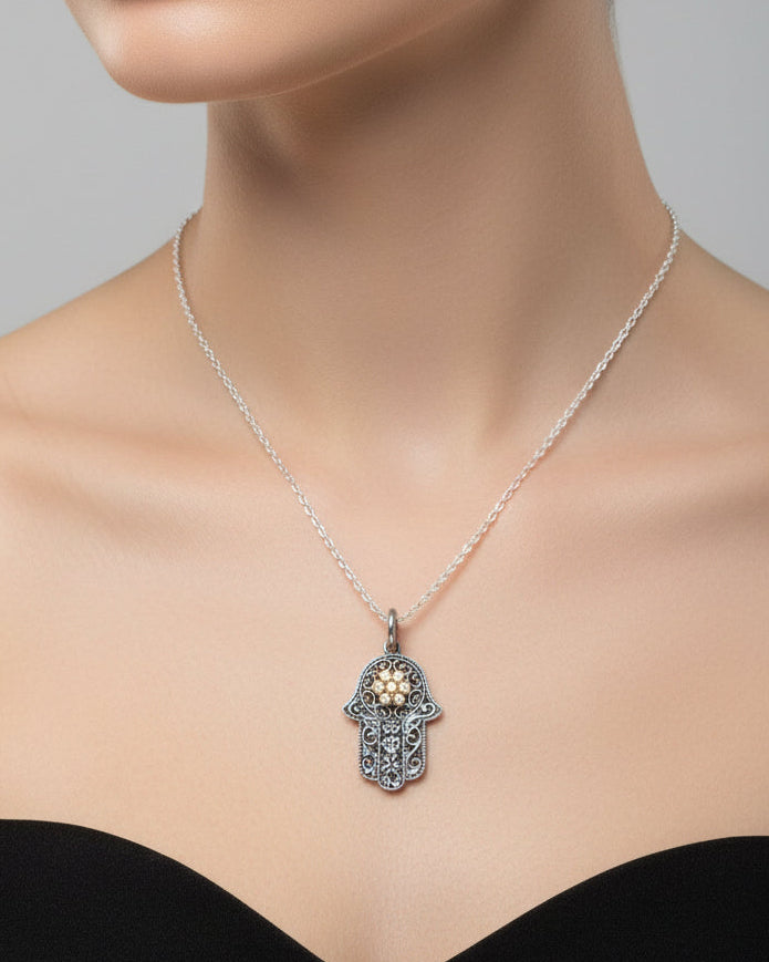 Hamsa Pendant with Diamond Cluster