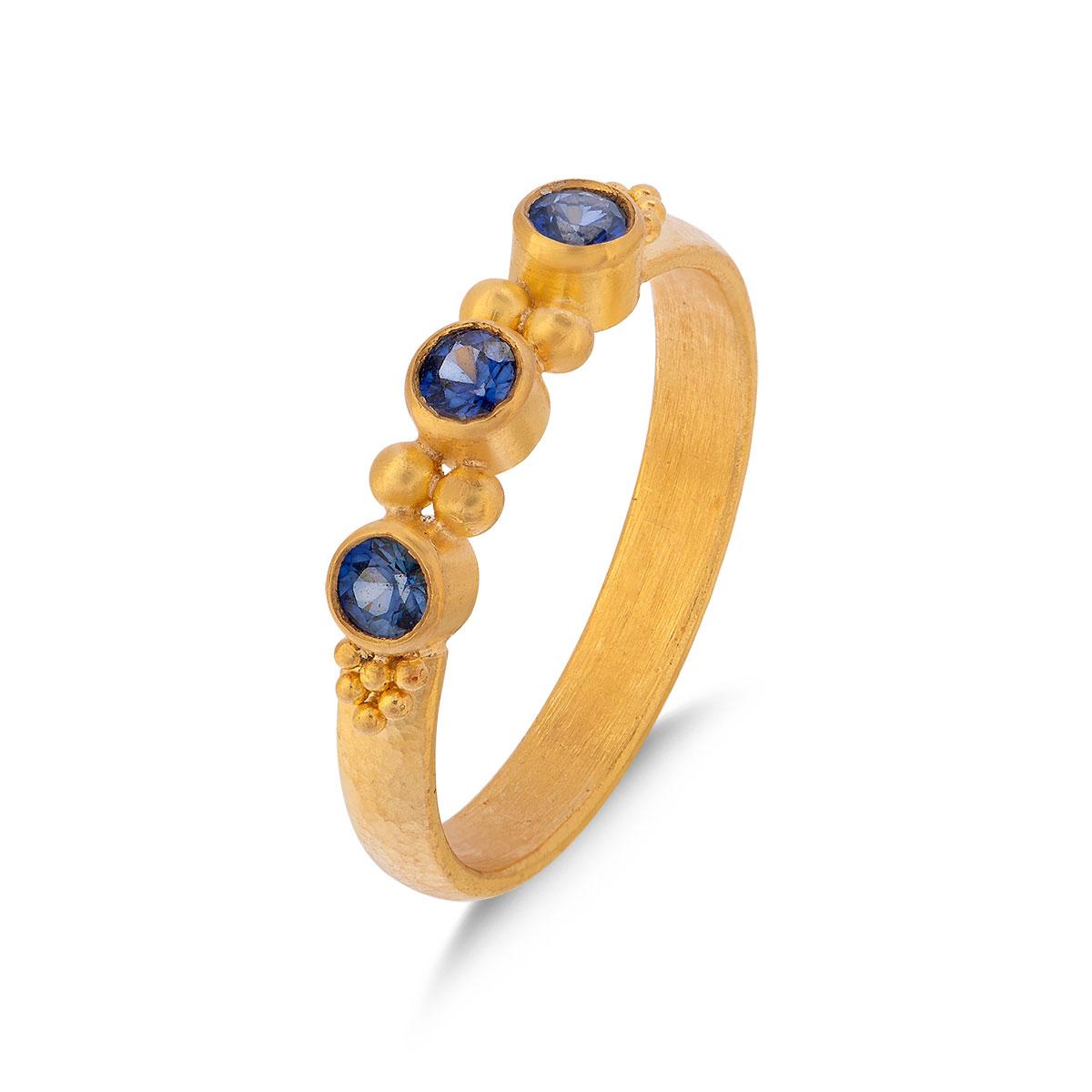 Triple Stone Beaded Ring with Sapphire