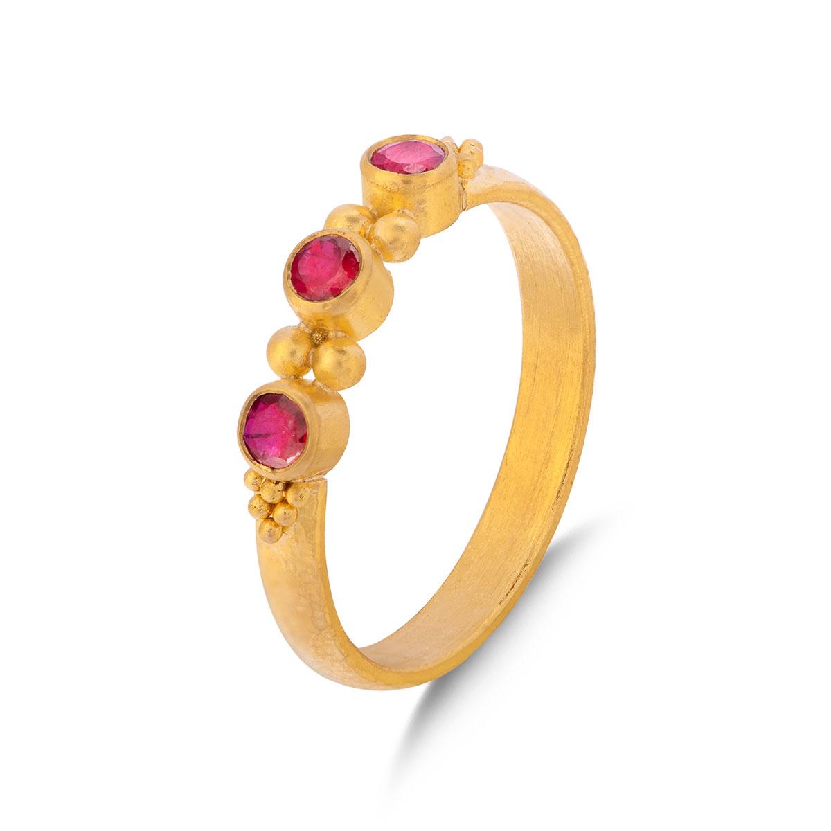 Triple Stone Beaded Ring with Ruby