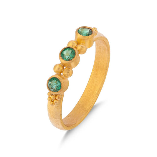 Triple Stone Beaded Ring with Emerald