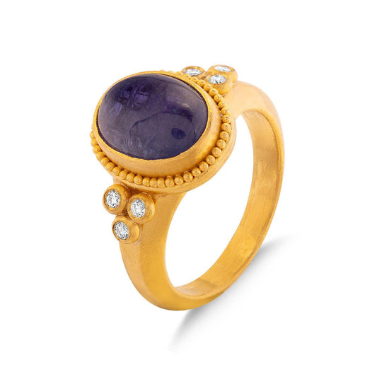 Tanzanite Cabachon & Beaded Halo Ring