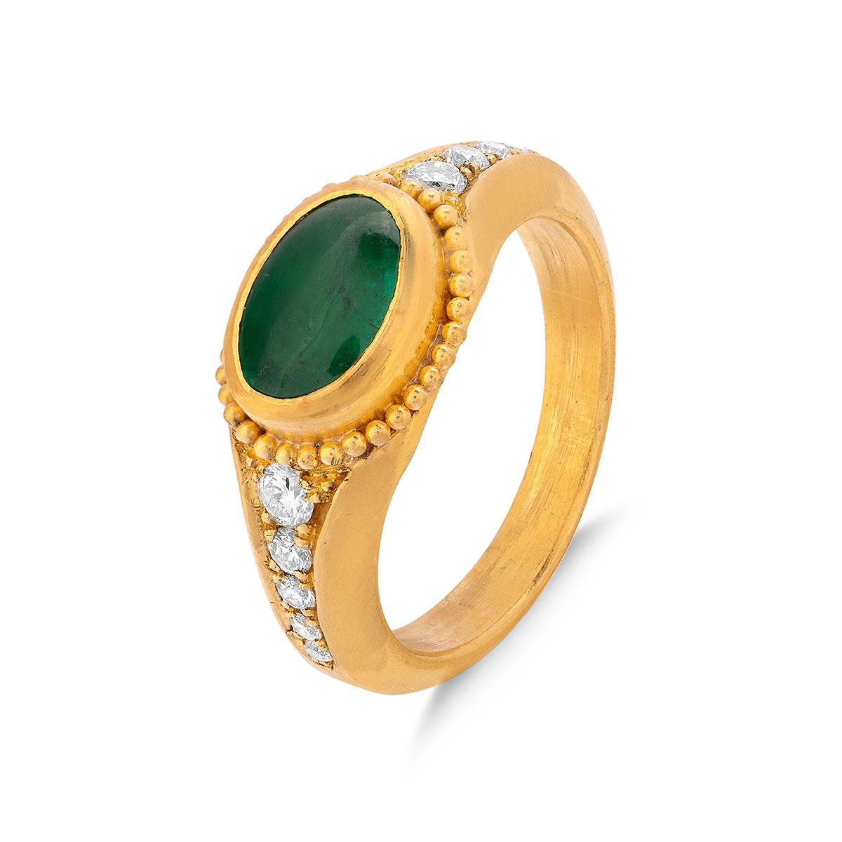 Emerald Cabochon Ring with Tapered Diamonds