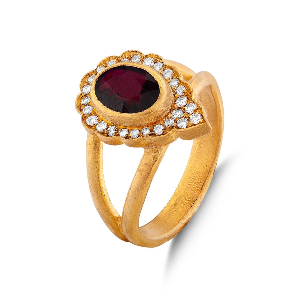 Diamond Pave Lotus Bud Ring with Ruby