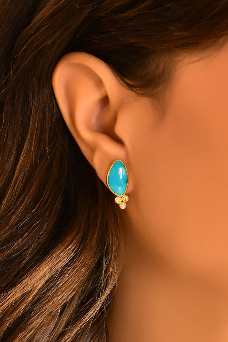 Turquoise Stud Earrings with Diamond Triad