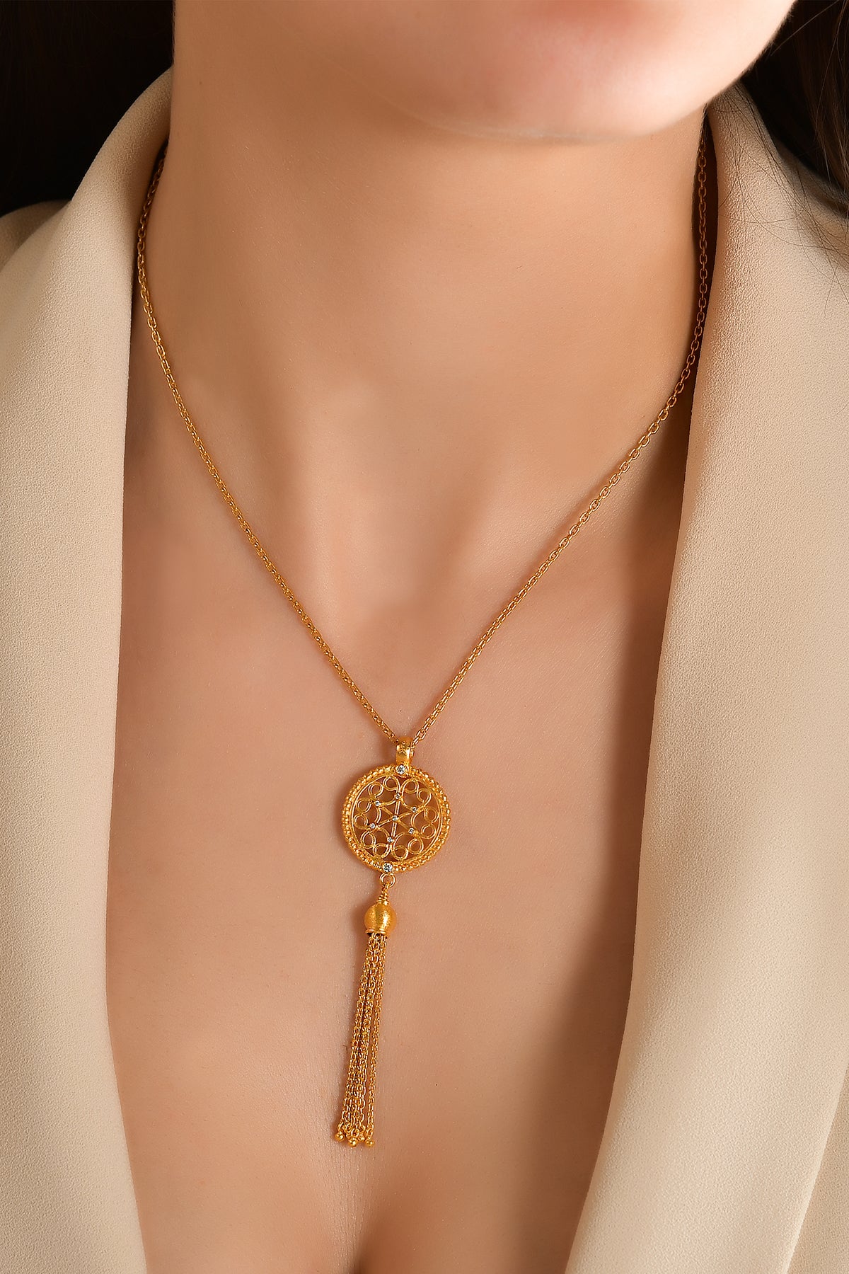 Filigree Medallion Tassel Pendant with Chain