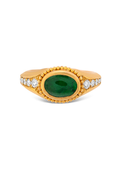 Emerald Cabochon Ring with Tapered Diamonds