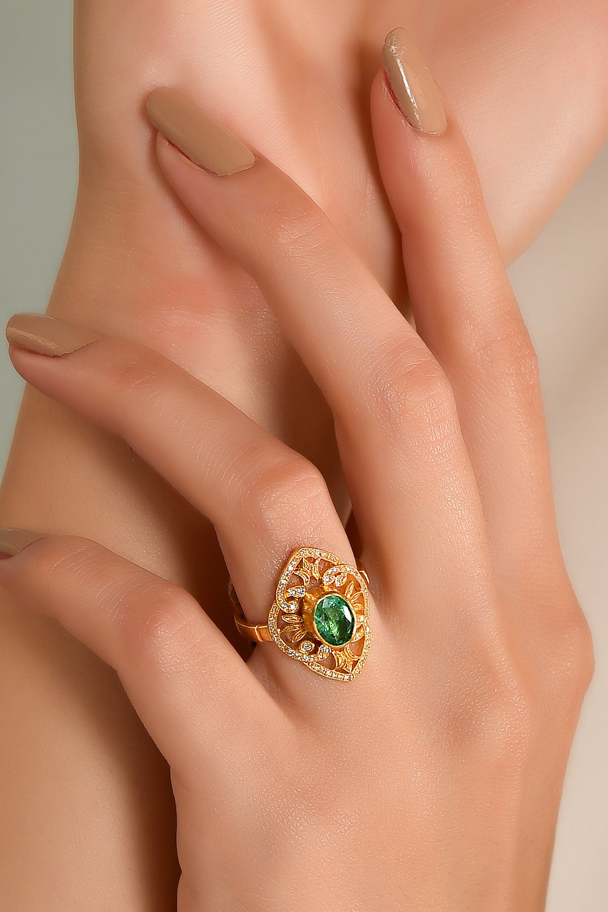 Filigree Garden Ring with Emerald and Diamonds