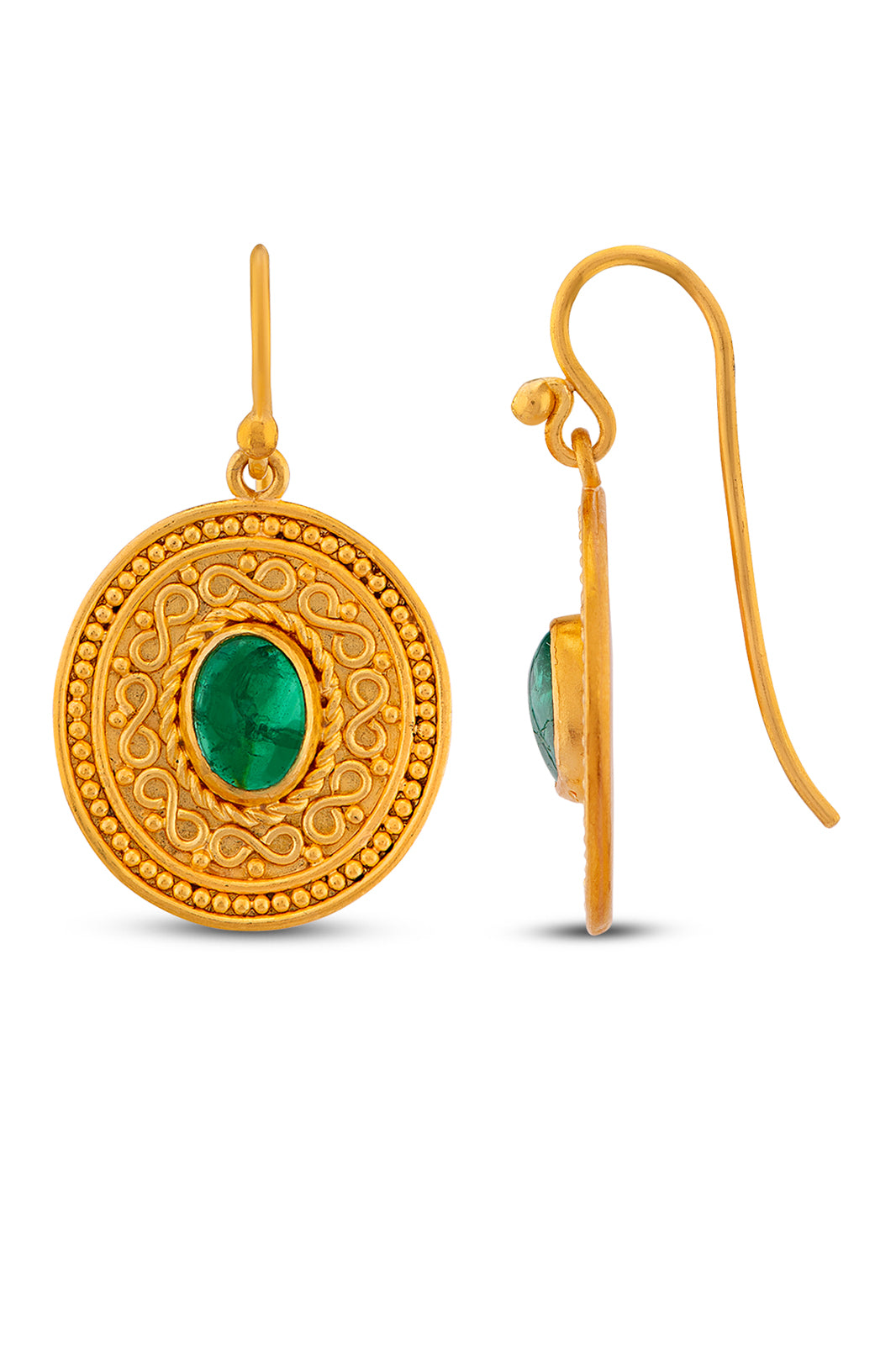 Wire and Granulation Earrings with Cabochon Emerald