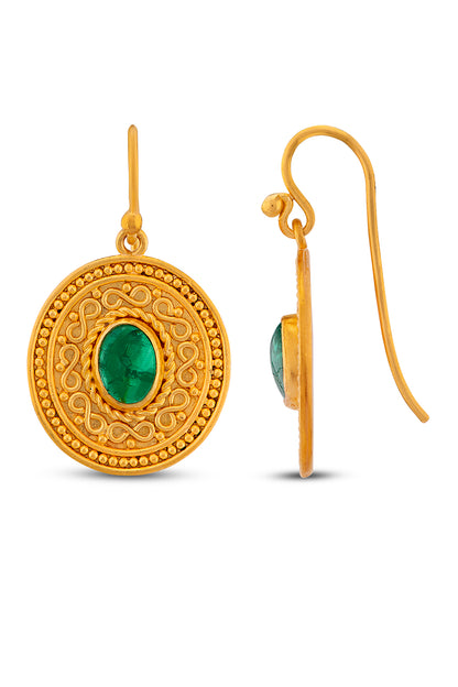 Wire and Granulation Earrings with Cabochon Emerald