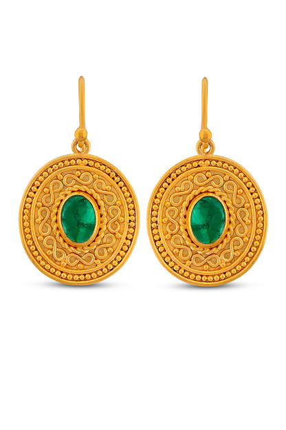 Wire and Granulation Earrings with Cabochon Emerald