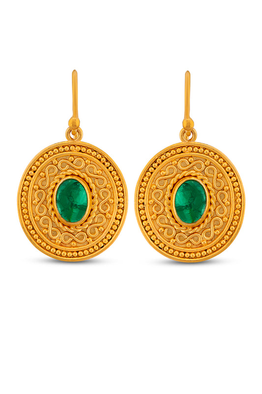 Wire and Granulation Earrings with Cabochon Emerald