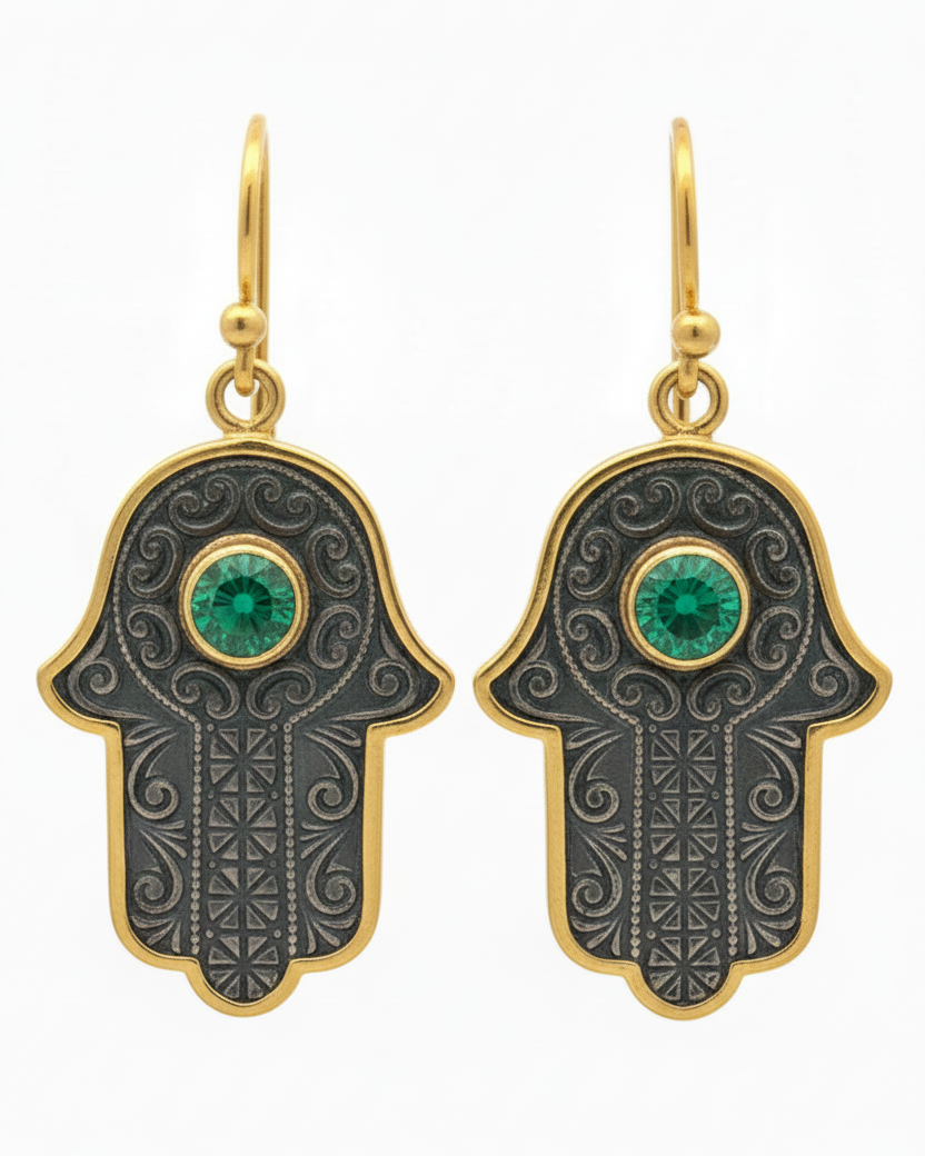 Hamsa hand earrings with green gemstones on a white background