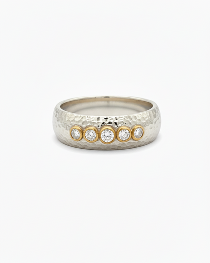 Silver ring with gold accents on a white background