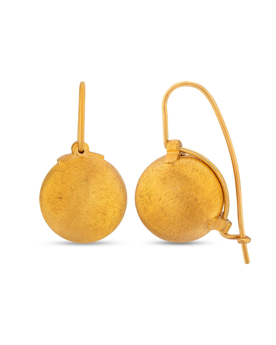 A pair of gold drop earrings with a textured spherical pendant and fishhook backings, shown on a plain white background.