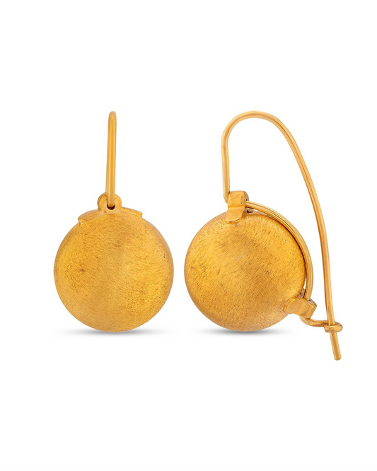 A pair of gold drop earrings with a textured spherical pendant and fishhook backings, shown on a plain white background.