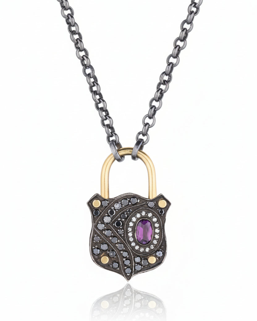 Two- Tone Padlock Necklace with Purple Sapphire and Diamonds