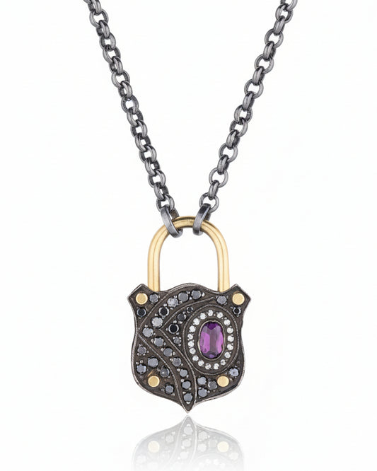 Two- Tone Padlock Necklace with Purple Sapphire and Diamonds