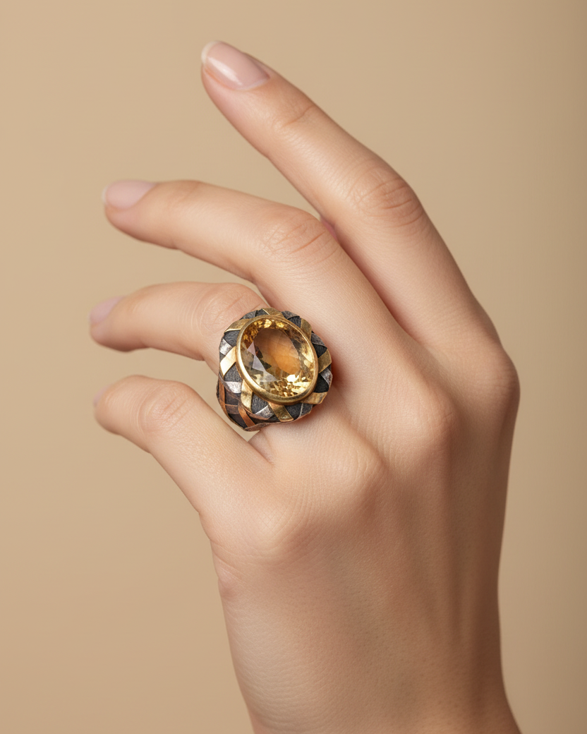 Two-Tone Woven Strips Citrine Ring